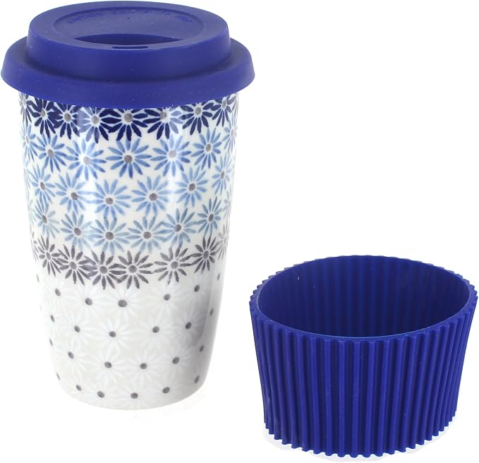 Blue Rose Polish Pottery - Blue Harmony Travel Coffee Mug - 12 oz - Mug for On-The-Go, Fits Most Car Cup Holders