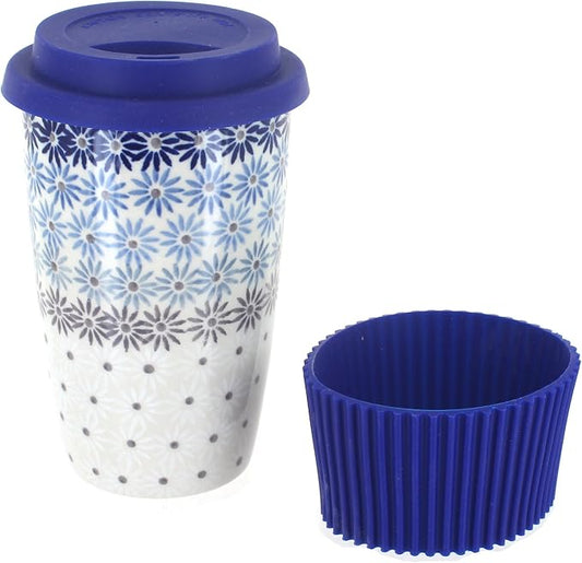 Blue Rose Polish Pottery - Blue Harmony Travel Coffee Mug - 12 oz - Mug for On-The-Go, Fits Most Car Cup Holders