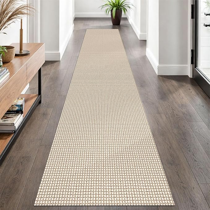 EARTHALL Woven Runner Rug 2x10 Ft Washable Runners for Hallways Long Cotton Non Slip Rubber Backed Kitchen Runner Braided Indoor Floor Carpet for Entryway, Hallway, Kitchen, Beige/Ivory
