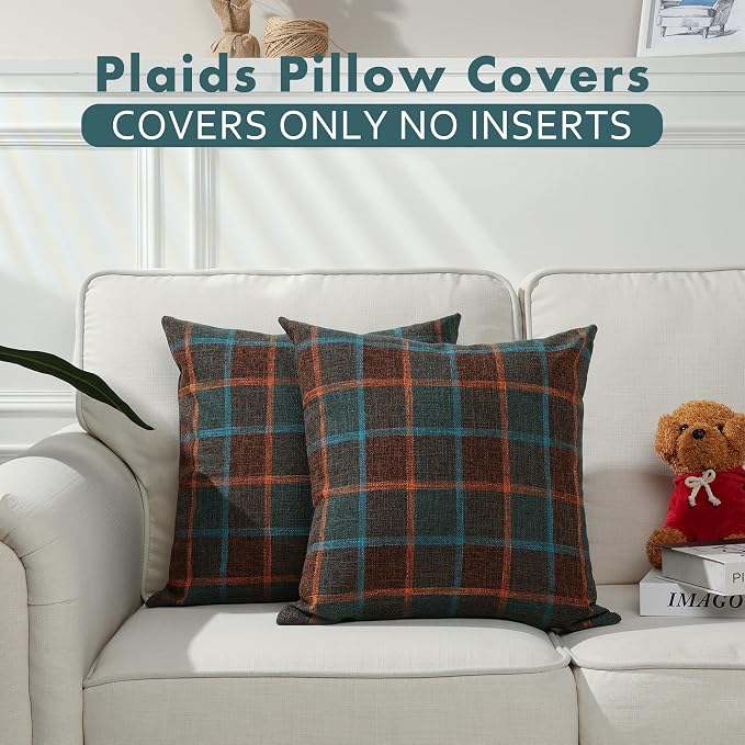 Stellhome Pack of 2 Fall Linen Buffalo Check Throw Pillow Covers, Farmhouse Plaid Decorative Cushion Covers for Couch Sofa Living Room, 18x18 Inch, Blue and Orange