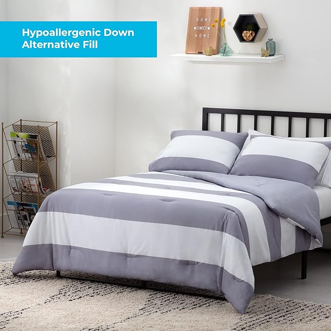 LINENSPA All Season Hypoallergenic Down Alternative Microfiber Comforter, California King, Gray/White