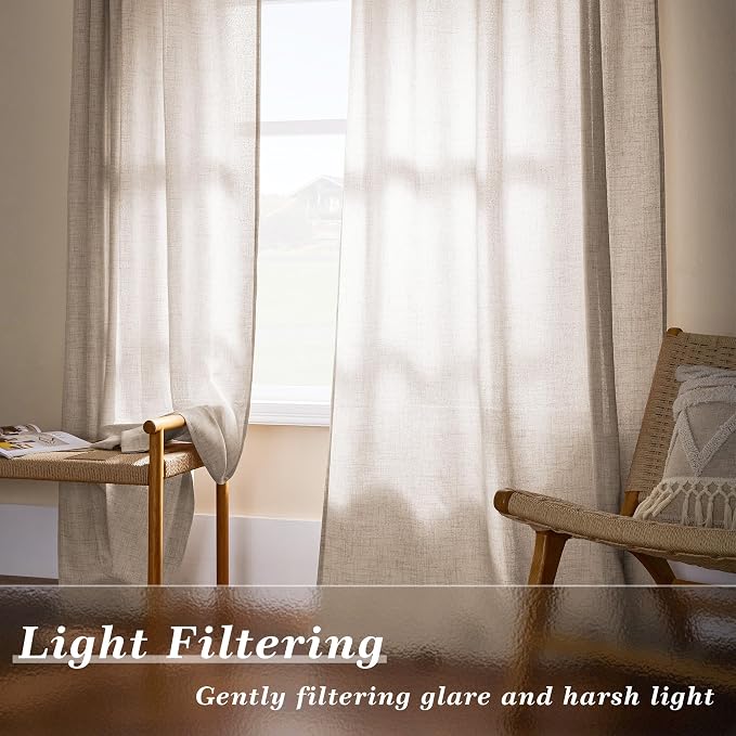 Linen Curtains 102 Inches Long for Living Room Semi Sheer Neutral Faux Beige Tan Linen Curtains Light Filtering Drapes Rod Pocket Hook Belt Tapes for Bedroom Window Drapes 102 Inch Length