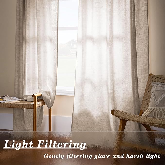 Beige Linen Curtains 107 Inches Long for Living Room 2 Panels Set Light Filtering Semi Sheer 107 Inch Window Curtains Luxury Rod Pocket Hook Belt Privacy Boho Farmhouse Linen Drapes for Bedroom