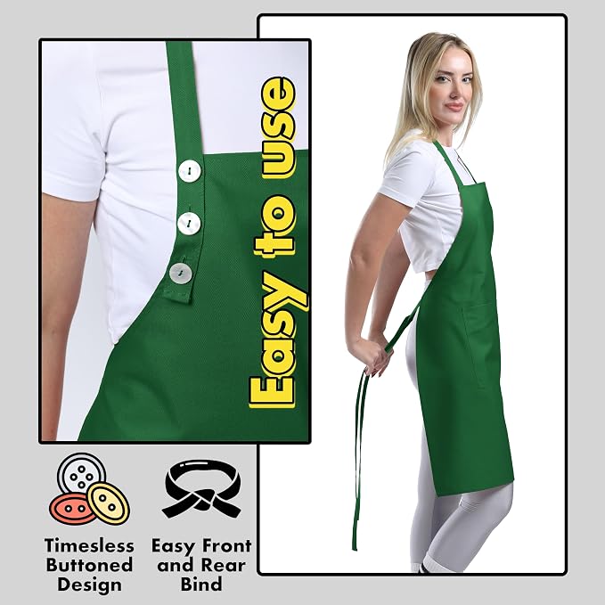 TOSHE Kitchen Apron Waterdrop Resistant Cotton Apron with adjustable Aprons for Women with Pockets 12 Color option Cooking Green Apron (Green)