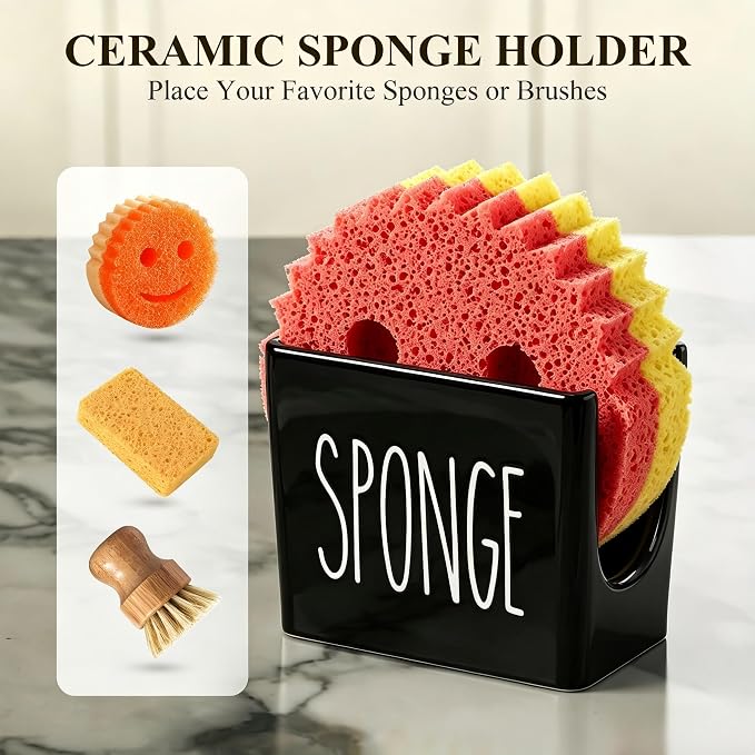 Cisily Black Soap Dispenser Set with Ceramics Sponge Holder, Kitchen Decor | Black Stainless Steel Pumps, Instant Dry Tray