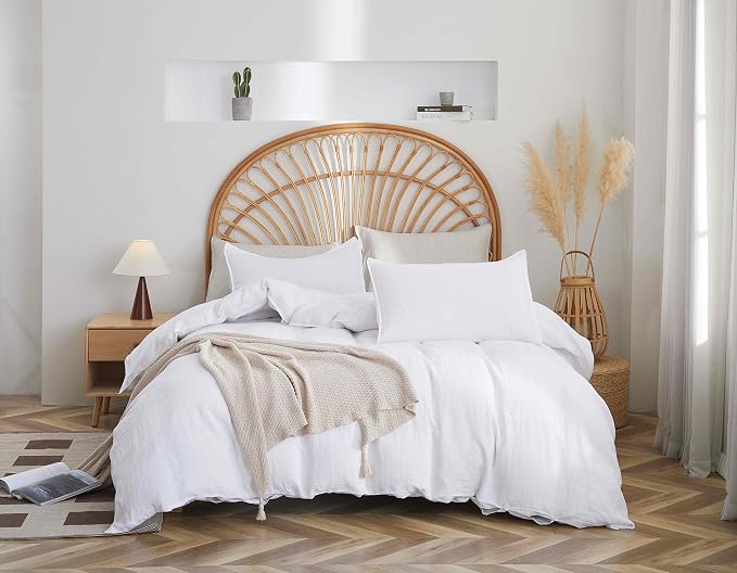 100% French Flax Linen Duvet Cover Set, King Size 104''x90'' 3 Pcs with 8 Corner Ties and Button Closure, Soft and Breathable for All Season(White, King)