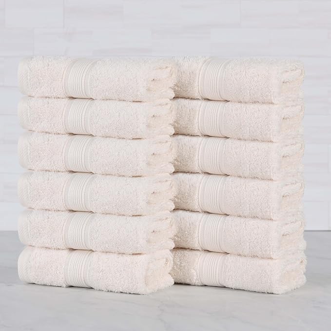 Superior 100% Organic Cotton Face Towel/Washcloth Set of 12, Daily Use for Bathroom, Guest Bath, Quick Dry Small Towels, Face, Hand, Gym, Spa, Hotel, Absorbent, Essentials, Oregon Collection, Ivory