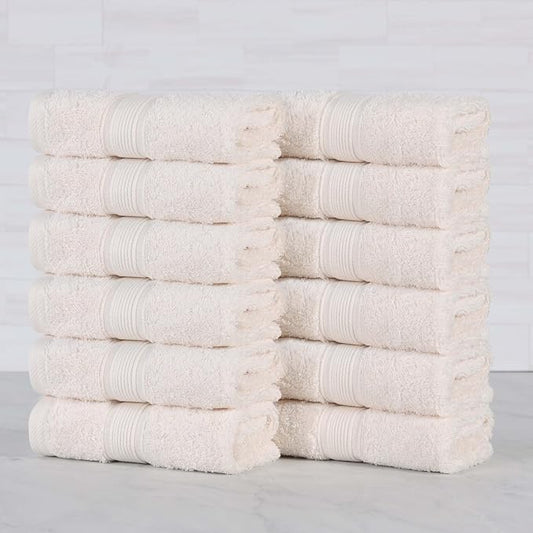 Superior 100% Organic Cotton Face Towel/Washcloth Set of 12, Daily Use for Bathroom, Guest Bath, Quick Dry Small Towels, Face, Hand, Gym, Spa, Hotel, Absorbent, Essentials, Oregon Collection, Ivory