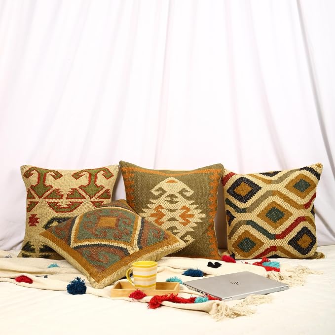 Trade Star Set of 4 Kilim Pillow Covers Handmade Jute Wool Cushion Covers Boho Tribal Geometric Throw Pillow Cases Vintage Ethnic Decorative Sofa Couch Farmhouse Home Decor 18x18 Inch