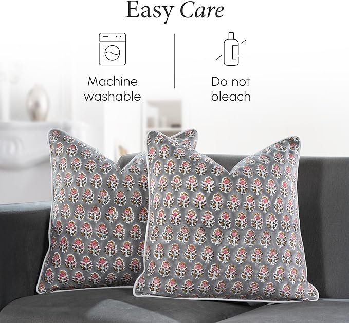 CPC 100% Cotton Throw Pillow Covers 20x20 Inch, Set of 2 Gray Block Print Pattern Couch Pillow, Cute Boho Decorative Pillows for Living Room, Bedroom with Hidden Zipper- Labra Gray