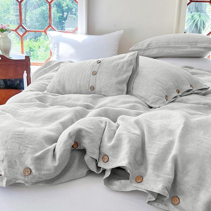 Simple&Opulence 100% Linen Duvet Cover Set 3pcs with Coconut Button Closure Natural French Washed Flax Solid Color Soft Breathable Farmhouse Bedding - Light Grey, Full Size
