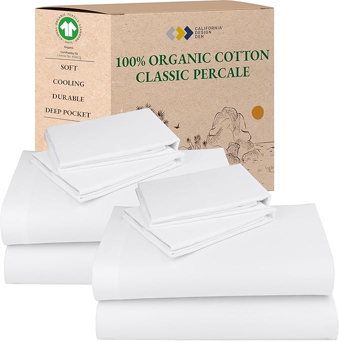 California Design Den Pack of 2 Full Size Sheet Sets - 100% Organic Cotton, Crisp Percale Feel, Deep Pocket White Sheets, Lightweight Bedding Set - White