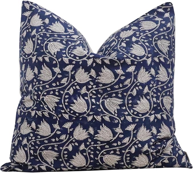 Hand-Block Printed, Artisan-Made Neutral Accent Throw Pillow Covers- 100% Cotton Cushion for Sofa, Bed, Chair, Home Decor, Boho, Indoor - Sansa (Midnight Blue, 20" x 20" (Pack of 2))
