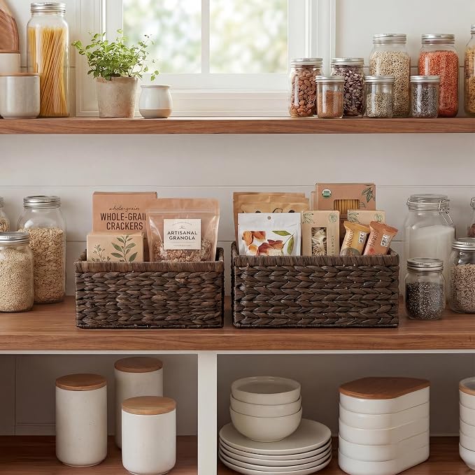 StorageWorks Large Wicker Baskets for Storage, Water Hyacinth Storage Baskets for Organizing, Wicker Storage Baskets for Shelves, Brown, Large & Medium, 2-Pack