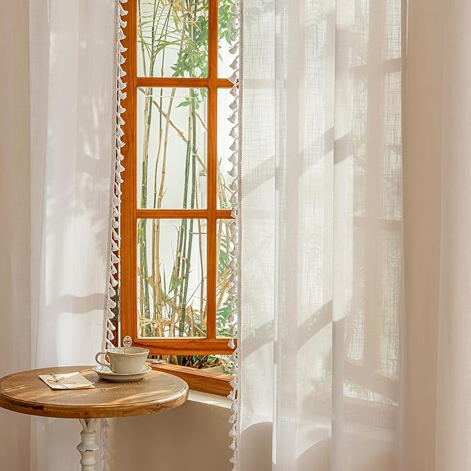 MYSKY HOME White 63 inch Length Semi Sheer Curtain for Short Window Light Filtering Privacy Protect Drapes Set, Back Tab Bohemian Farmhouse Home Decor,50" x 63", Pure White， 2 Pieces