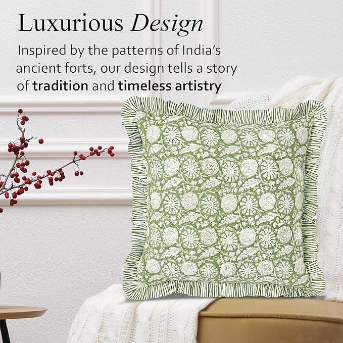 CPC Olive Bloom Hand Block Print 100% Cotton Ruffle Throw Pillow Cover 24x24 inch with Hidden Zipper Decorative for Couch, Bed, Sofa, Farmhouse, Cottagecore Decor Gift Christmas Fall Thanksgiving