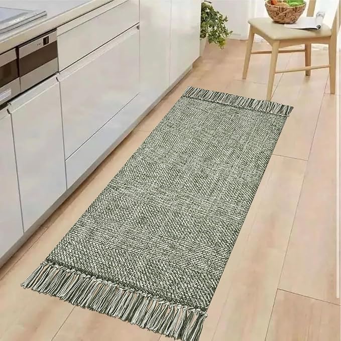 Collive Kitchen Runner Rug, 2' x 4.3' Hand-Woven Reversible Washable Rug, Olive Green/Cream Cotton Modern Farmhouse Bathroom Rug Hallway Carpet for Foyer Bedroom Entry Back Door Decor