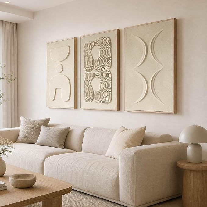Thalasse Large 3-Piece 3D Textured Wall Art, Wabi Sabi Sandstone Relief Panels with Solid Wood Frame, 24x36 Inch Minimalist Wall Decor for Living Room, Hallway and Entryway