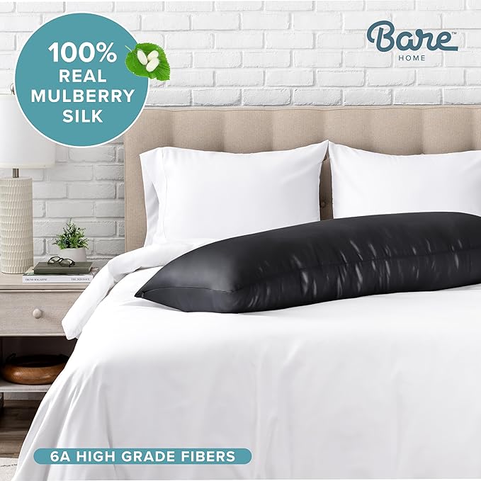 Bare Home 100% Mulberry Silk Pillowcase for Hair and Skin - Ultra Premium 6A Grade 19 Momme Silk Pillow Case - Hidden Zipper - Breathable Cooling Pillow Cover (Body, Black)