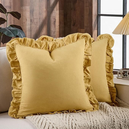 AmHoo Pack of 2 Throw Pillow Covers 100% Cotton Pre Washed Ruffle Decorative Pillowcase Cushion for Couch Sofa Bedroom 20 x 20-Inch Yarrow Yellow