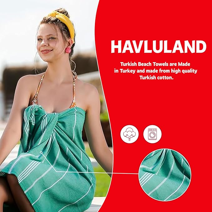 HAVLULAND Turkish Beach Towels, Oversized 40"x72" Turkish Bath Towel, Highly Absorbent Quick Dry Sand Free Beach Towels for Beach Pool Spa Gym Yoga Travel Camping Picnic Blanket - Olive Green