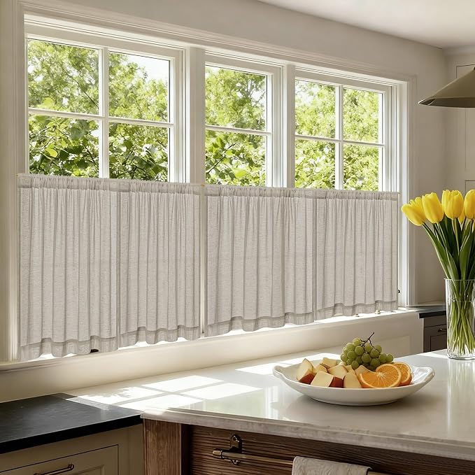 Small Window Curtains for Kitchen 30 Inches 2 Panel, Boho RV Camper Curtains Light Filtering Semi Sheer Rod Pocket Drapes for Living Room Half Windows, Burlywood Birch W25XL30 Inches
