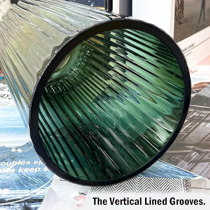 DECORPIA 10 Inch Premium Thickened Green Glass Vase - Ribbed Glass Flower Vase for Rustic Home Decor, Decorative Vases for Flowers for Modern Farmhouse, Ideal for Shelf, Mantle, Table Entryway Décor