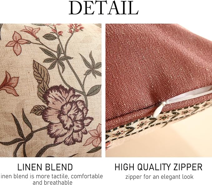 ISAENNE Design Linen Vintage Throw Pillow Covers 12"x20" Pack of 2, Rectangle Cushion Covers with Blue Pink Flowers Green Leaves Pattern Decoration Pillowcases for Bed,Living Room,Outdoor,Car