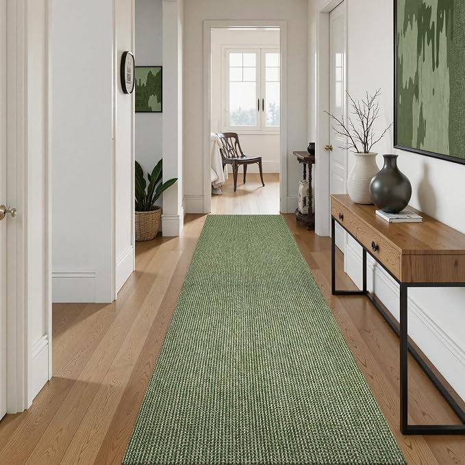 Uphome Kitchen Runner Rug, 2'6x10 Washable Boho Rug Runners for Hallways Non Slip, Low Pile Woven Cotton Modern Carpet Runners, Stain Resistant Bedroom Runner Rug for Hallway Entryway Entrance, Green