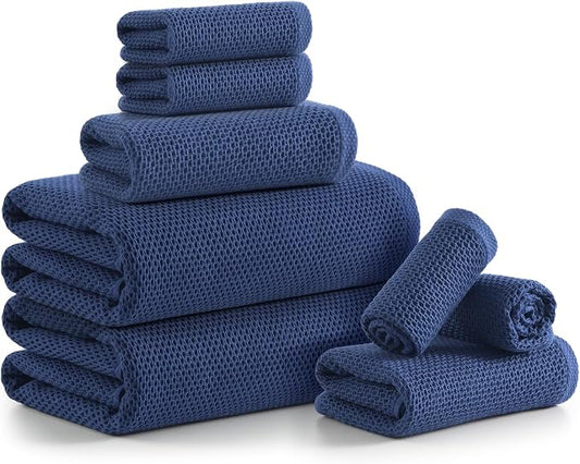REDKISS Quick Dry Waffle Towel Set of 8, 100% Cotton,Lightweight & Highly Absorbent Waffle Towels for Bathroom, Spa, Gym, Pool-2 Bath Towels, 2 Hand Towels & 4 Washcloths,Blue