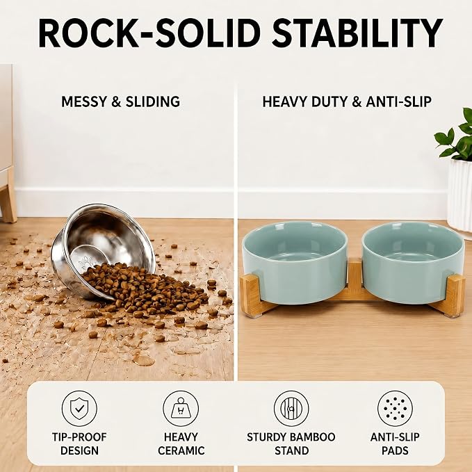SPUNKYJUNKY Ceramic Dog and Cat Bowl Set with Wooden Stand, Modern Cute Weighted Food Water Set for Small Size Dogs (13.5OZ) & Medium Sized Dogs (28.7OZ) & Cats (3.6 Cups, 2 × Morandi Green)