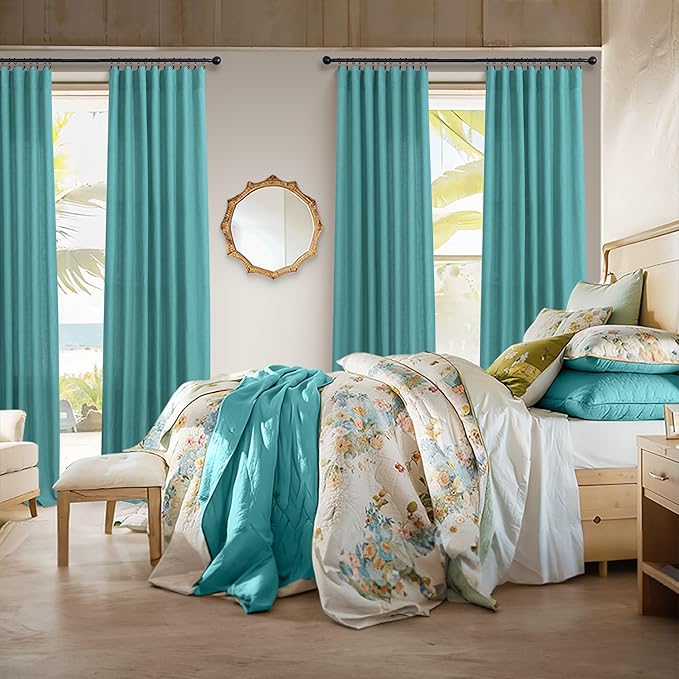 Pitalk Teal Linen Curtains 84 Inches Long 2 Panels Back Tab Rod Pocket Pleated Semi Sheer Light Filtering Modern Boho Curtains for Bedroom Living Room Dining Room Floor Length Peacock Blue Green Drape