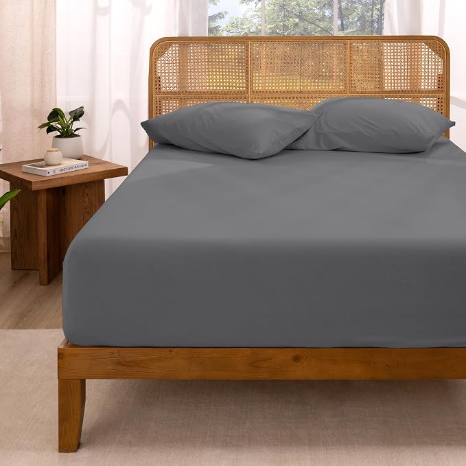 Bare Home 100% Organic Cotton Jersey Fitted Sheet - Full Size - Ultra Soft - Deep Pocket Fitted Sheet - 100% Cotton - Ring Spun Yarns (Full, Grey)