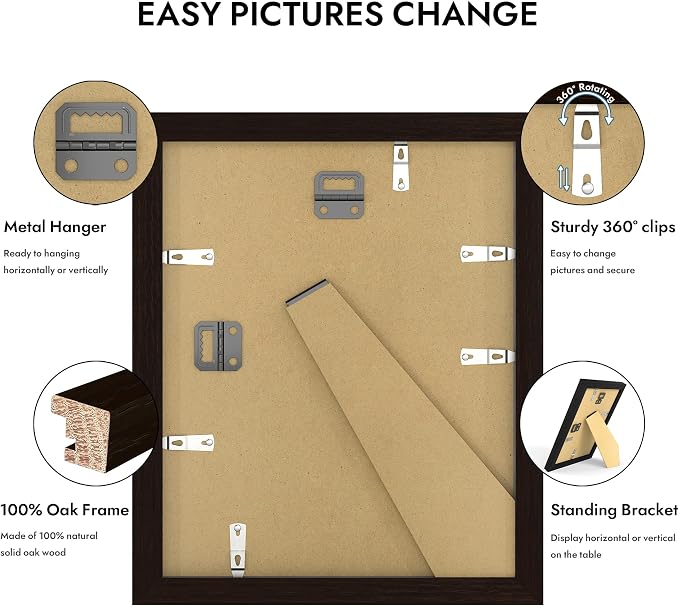 Hongkee 8x10 Oak Wood Picture Frame (1 Pack, Black) with Real Glass Cover | 8 x 10 Solid Wood Frame for Wall or Tabletop Display - Includes Easel Back, Vertical Hang - Ideal for Home, Office