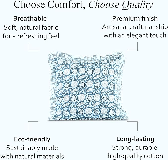 CPC Blue Meadow Hand Block Print 100% Cotton Ruffle Throw Pillow Cover 20x20 inch with Hidden Zipper Decorative for Couch, Bed, Sofa, Farmhouse, Cottagecore Decor Gift Christmas Fall Thanksgiving