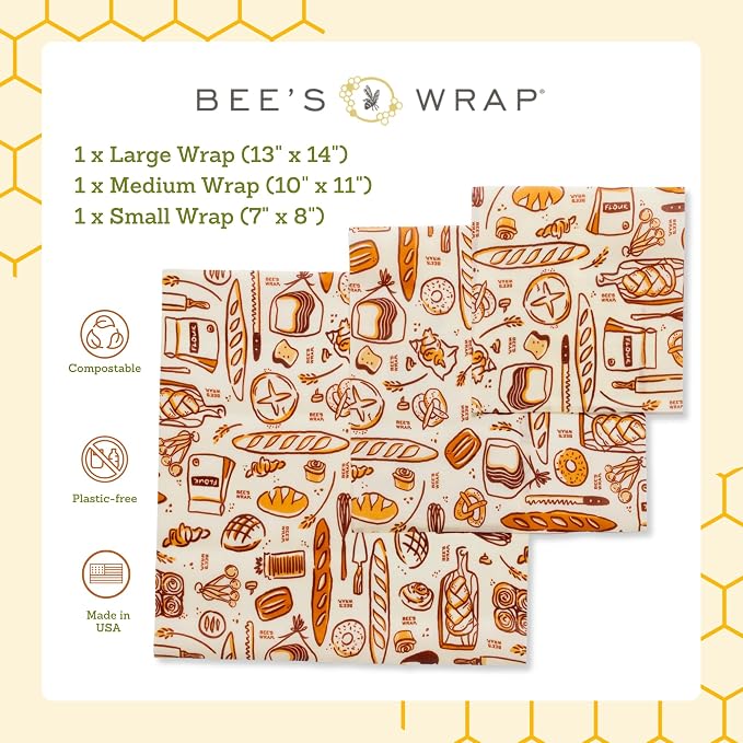 Bee's Wrap Bakery Lane Starter Kit - Beeswax Food Wraps Bundle Includes 1 Bread Wrap, 1 Cut to Size Roll & 3 Assorted Bakery Lane Wraps - Made in the USA Beeswax Reusable Wraps for Food
