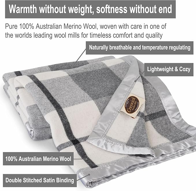 Creswick Woollen Mills 100% Australian Merino Wool Blanket – Soft Warm and Natural with Satin Binding, Breathable Luxury Bedding for All Seasons, (Gray Plaid, Full/Queen Size)