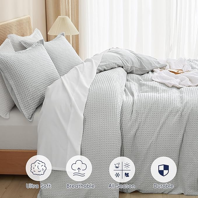PHF Waffle Weave Duvet Cover Set Twin/Twin XL Size, No Snagging Soft Luxury Textured Breathable Comforter Cover for All Season 2pcs, Durable Bedding Duvet Set with 1 Pillow Sham, 68"x90", Light Grey