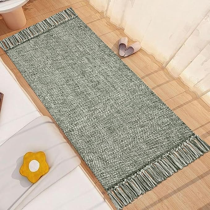 Collive Kitchen Runner Rug, 2' x 4.3' Hand-Woven Reversible Washable Rug, Olive Green/Cream Cotton Modern Farmhouse Bathroom Rug Hallway Carpet for Foyer Bedroom Entry Back Door Decor