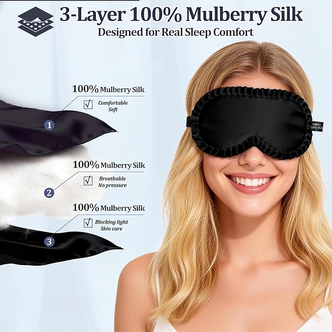 Silk Sleep Mask for Women, 100% Mulberry Silk Eye Mask, All-Silk Filled, Adjustable Elastic Strap with Elegant Wave Trim, Blackout Soft Eye Cover, Travel & Gift (Black)