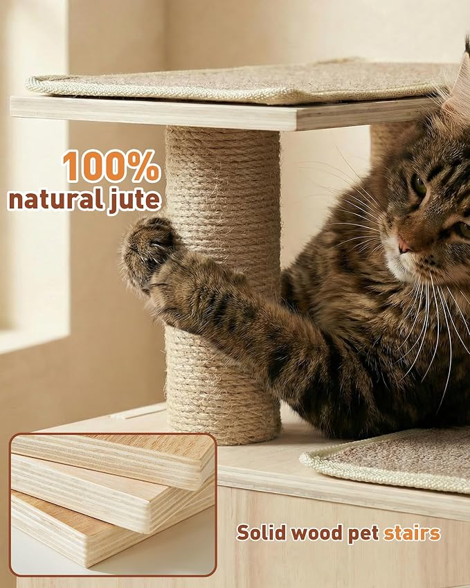 3-in-1 Pet Stairs for Cats, 7.87" Depth Pet Steps for Cat, Wood Cat Stairs for High Bed and Sofa, 1 Condo Cave, Scratching Post, Sturdy Indoor Pet Stairs with Non-Slip Carpet Pads