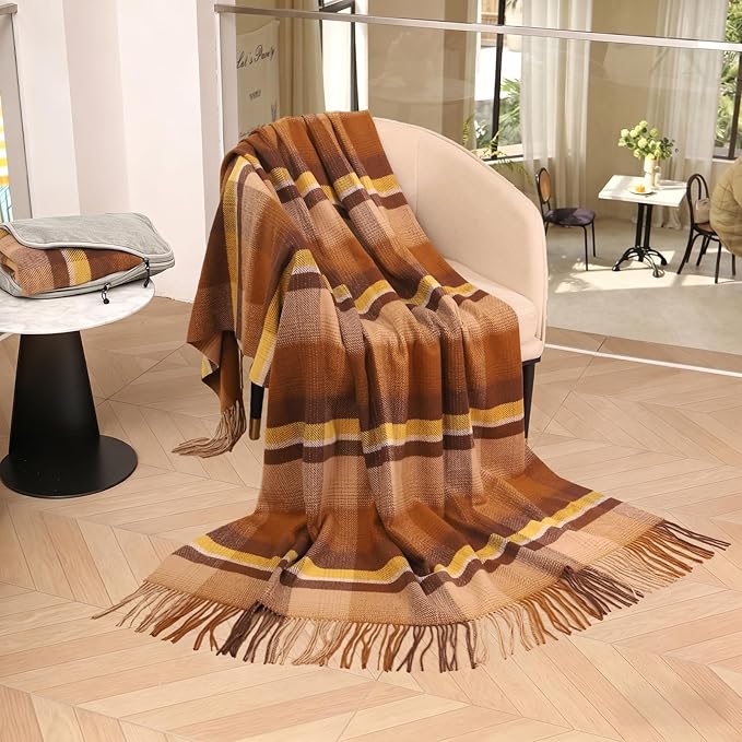 100% Wool Blanket Throw,Brown Plaid Wool Blanket with Compact Bag,Rustic Soft Lightweight Blanket for Couch,Sofa,Bed & Lounging Decoration, Warm Travel Blanket for Home, Airplane,Ideal Gifts 55"x83"
