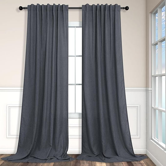 Grey Curtains for Living Room 96 Inches Long 2 Panels Back Tab Light Filtering Linen Semi Sheer Modern Farmhouse 8ft Curtain Drapes for Bedroom Home Office Ceiling to Floor Length Charcoal Dark Gray