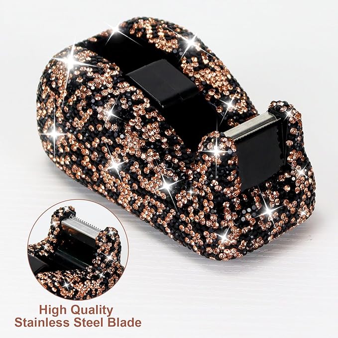 Buqoo Black Bling Rhinestones Tape Dispenser, Crystal Sparkly Handmade Diamond Desktop Tape Dispenser for Desk, Glitter Tape Holder Cutter for School Home N Office Supplies