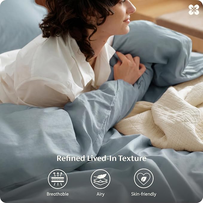 Bedsure Duvet Cover King Size - 100% Washed Cotton, Linen-Like Minimalist Bedding - PureWoven Plain Soft Comforter Cover for All Seasons, 1 Duvet Cover Only (Dusty Blue, 104" x 90")