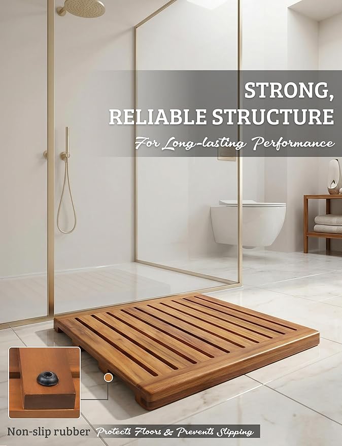 Acacia Wood Shower Mat 21x21 Inches by Demigo, Luxury Bath Mat Non Slip for Bathroom Bathtub Shower Spa Garden Home, Wooden Floor Mat Square Large for Outdoor and Indoor