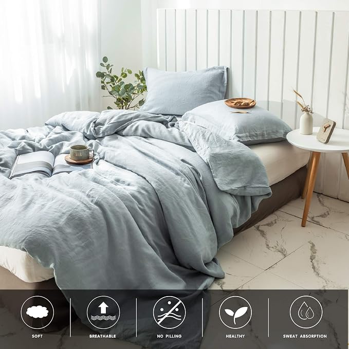 Simple&Opulence 100% Linen Duvet Cover Set 2pcs Basic Style Natural French Washed Flax Solid Color Soft Breathable Farmhouse Bedding with Button Closure - Dusty Blue, Twin