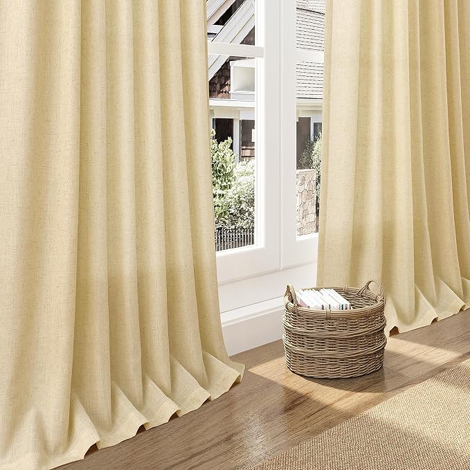 Nanspring Cream Yellow Linen Curtains 102 Inches Long for Living Room Light Filtering Modern Farmhouse Sheer Curtains Back Tab and Rod Pocket Curtain for Bedroom Office 52x102, 2 Panels