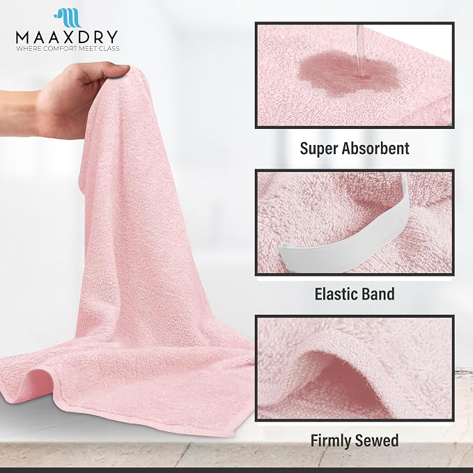 100% Cotton Large Hair Towel Wrap for Women, Men & Kids – Non-Microfiber 450 GSM Thick Super Absorbent Hair Towel 26x40 Inches, Secure Elastic Hair Wrap for Long & Curly Hair (Pink)