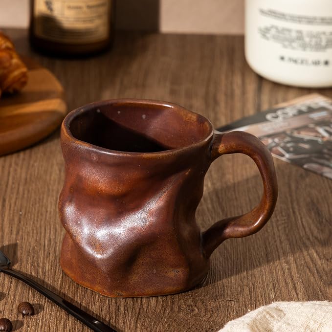 Handmade Ceramic Coffee Mugs, Mugs with Spoon, 11oz, Handmade Pottery Mug with Handle, Hand-painting, Unique Uneven Surface Tea cups, Dishwasher and Microwave Safe (Coffee Color)